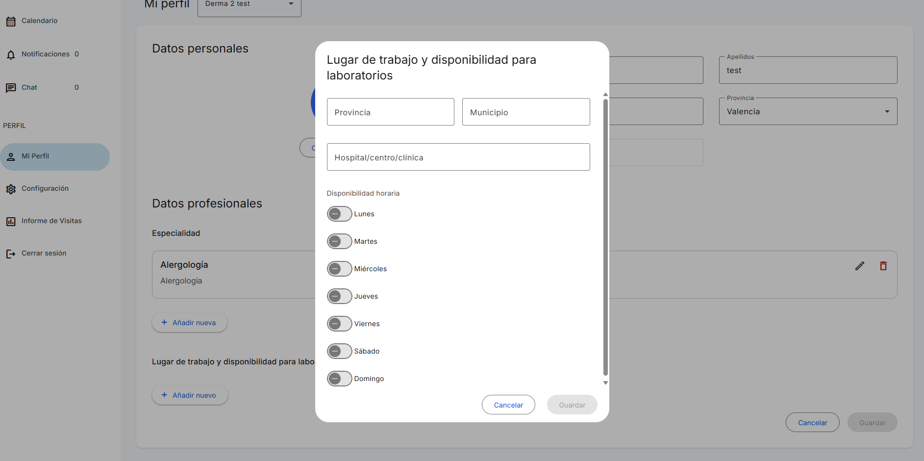 Perfil Qualitime: añadir lugar de trabajo y disponibilidad para laboratorios