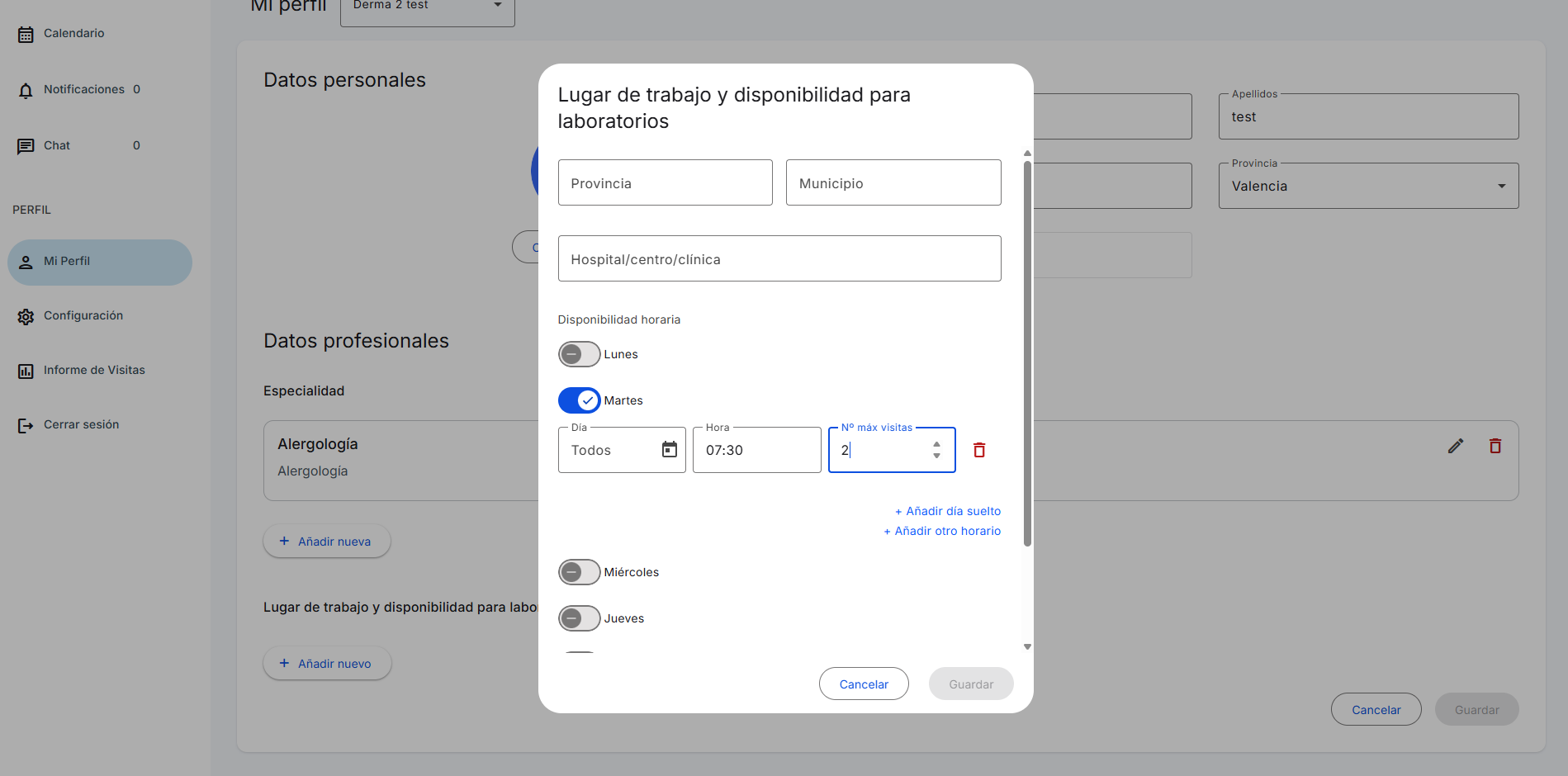 Disponibilidad con día activo, hora y máximo de visitas por hueco