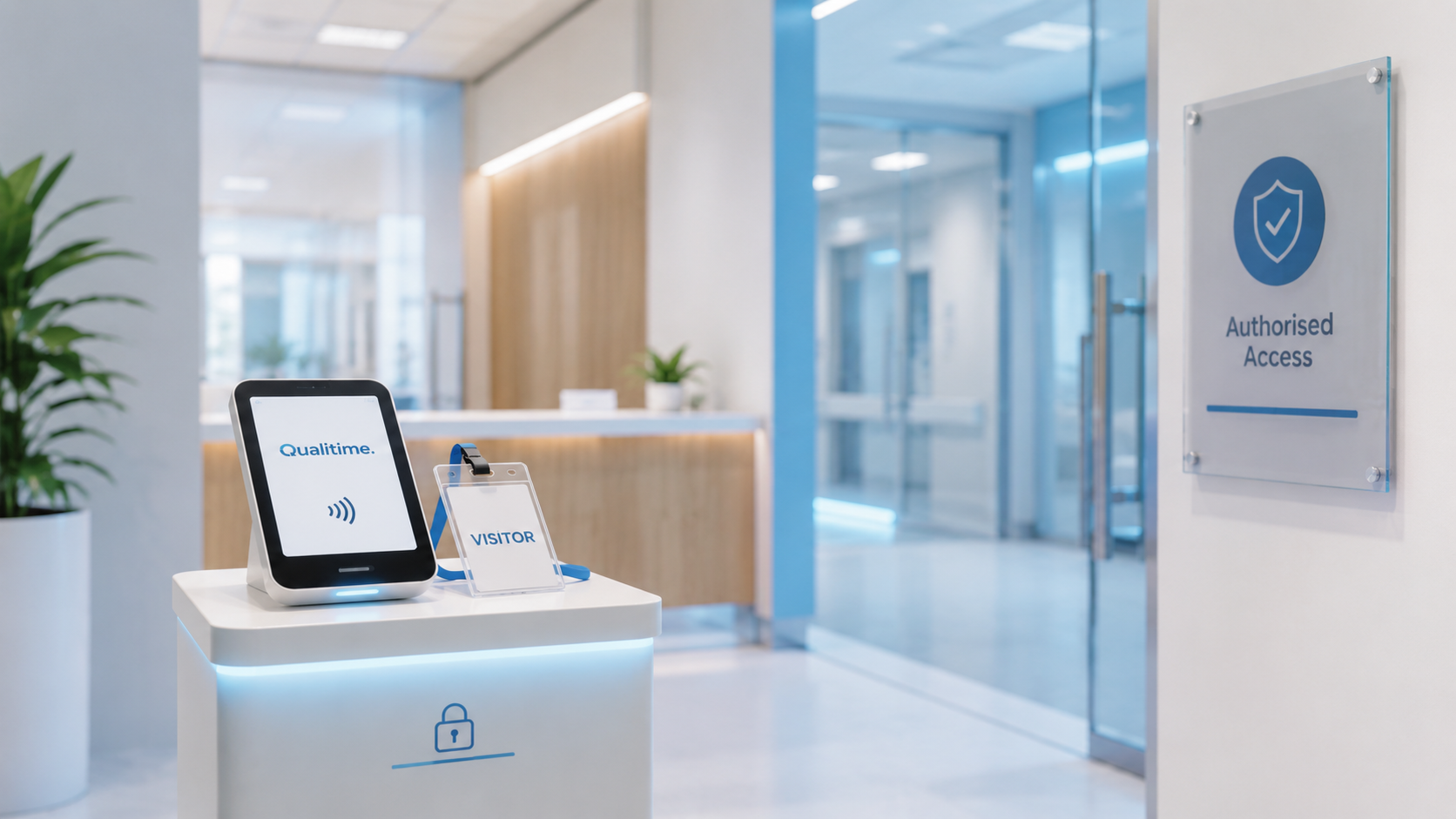 QualiPass kiosk at a hospital reception with visitor badge and authorised access signage